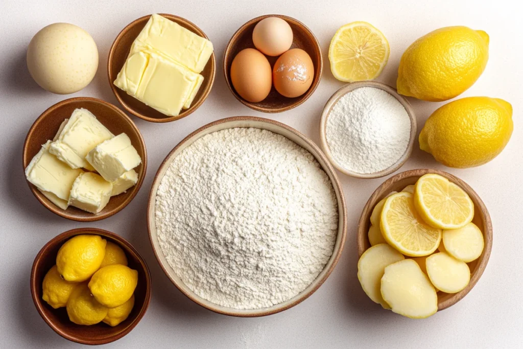 Key ingredients for lemon bread displayed