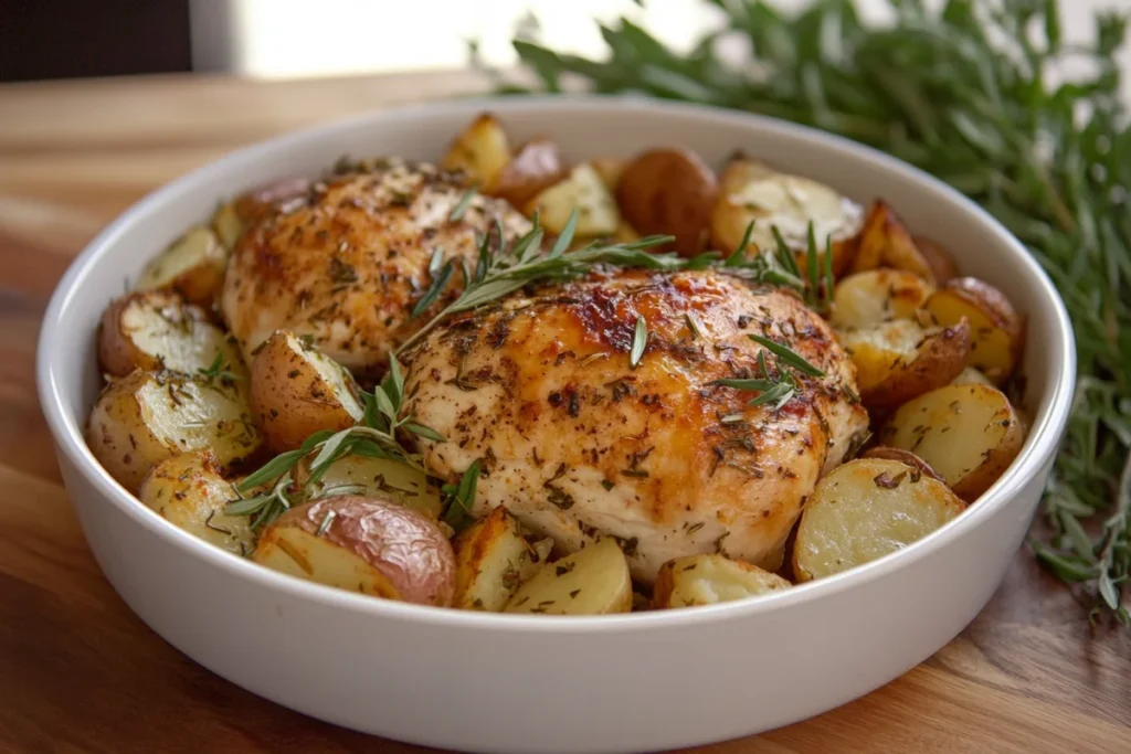 Baked chicken and potatoes on a rustic wooden table