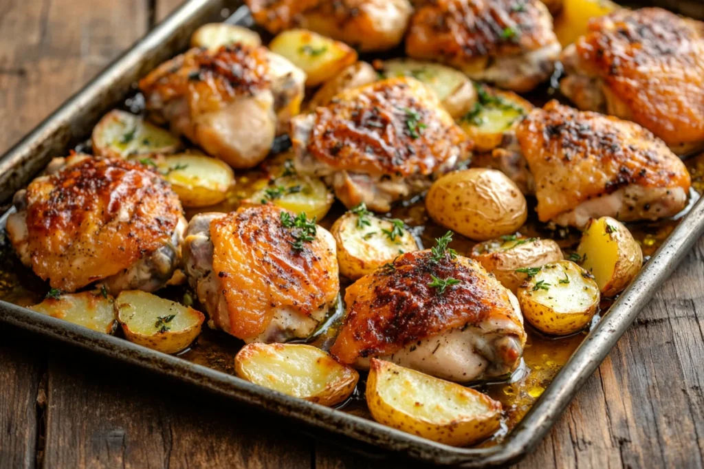 Easy chicken potato recipes with roasted chicken on a tray