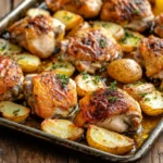 Easy chicken potato recipes with roasted chicken on a tray