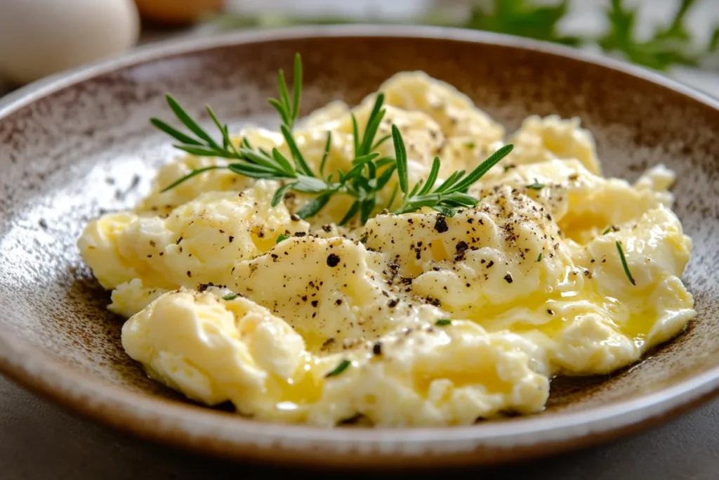 A simple egg dish served on a rustic ceramic plate, garnished with fresh herbs and black pepper, placed on a wooden countertop with natural lighting.