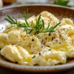 A simple egg dish served on a rustic ceramic plate, garnished with fresh herbs and black pepper, placed on a wooden countertop with natural lighting.