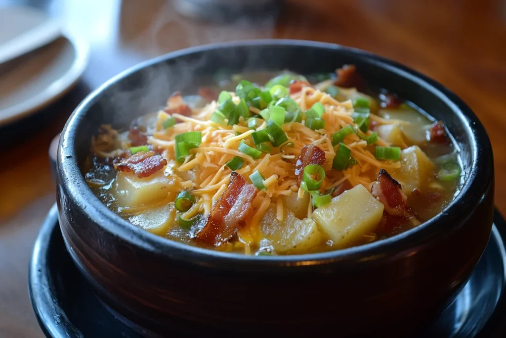 “Creamy potato soup recipe with savory toppings.”